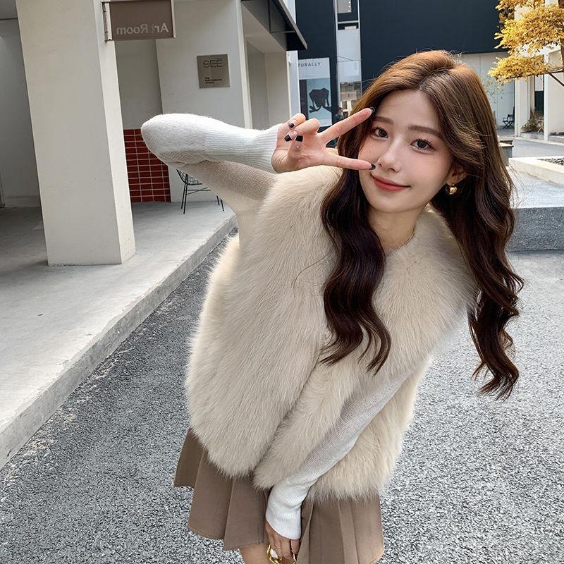 

Осень и зима новый жилет из искусственного меха женский короткий тонкий жилет куртка из искусственного лисьего меха легкий S абрикосовый