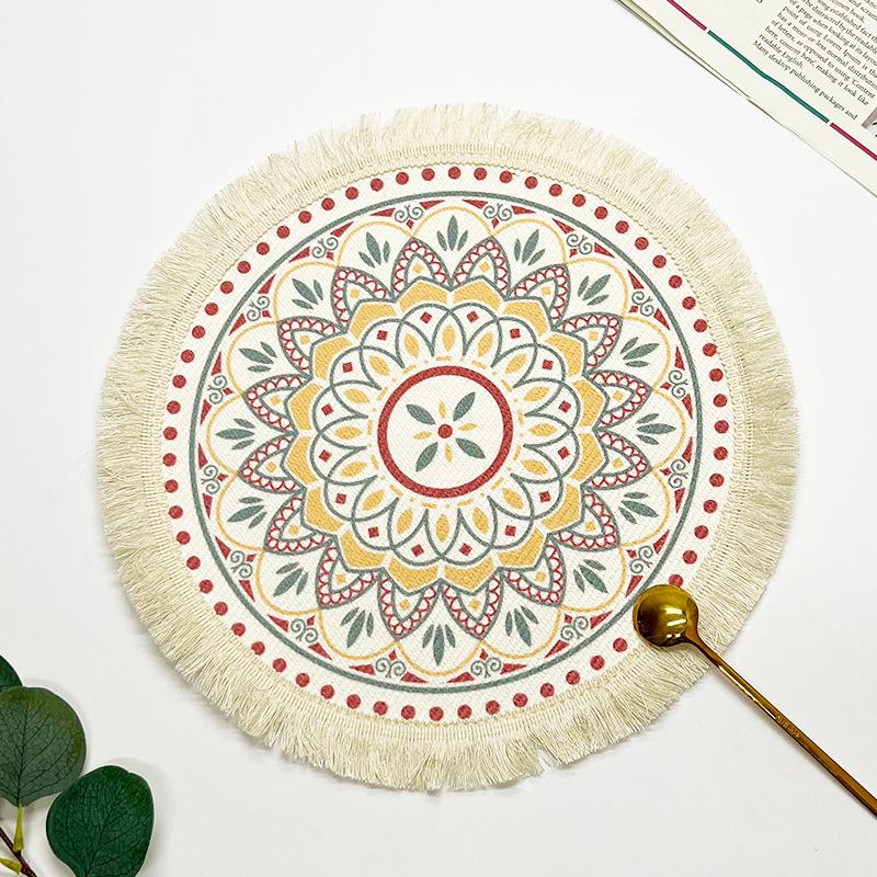 Bohemian Cotton Thread Placemat Nordic Fabric Woven Round Mat Home Kitchen Heat Insulation Anti-scald Mat Tassel Table Coaster