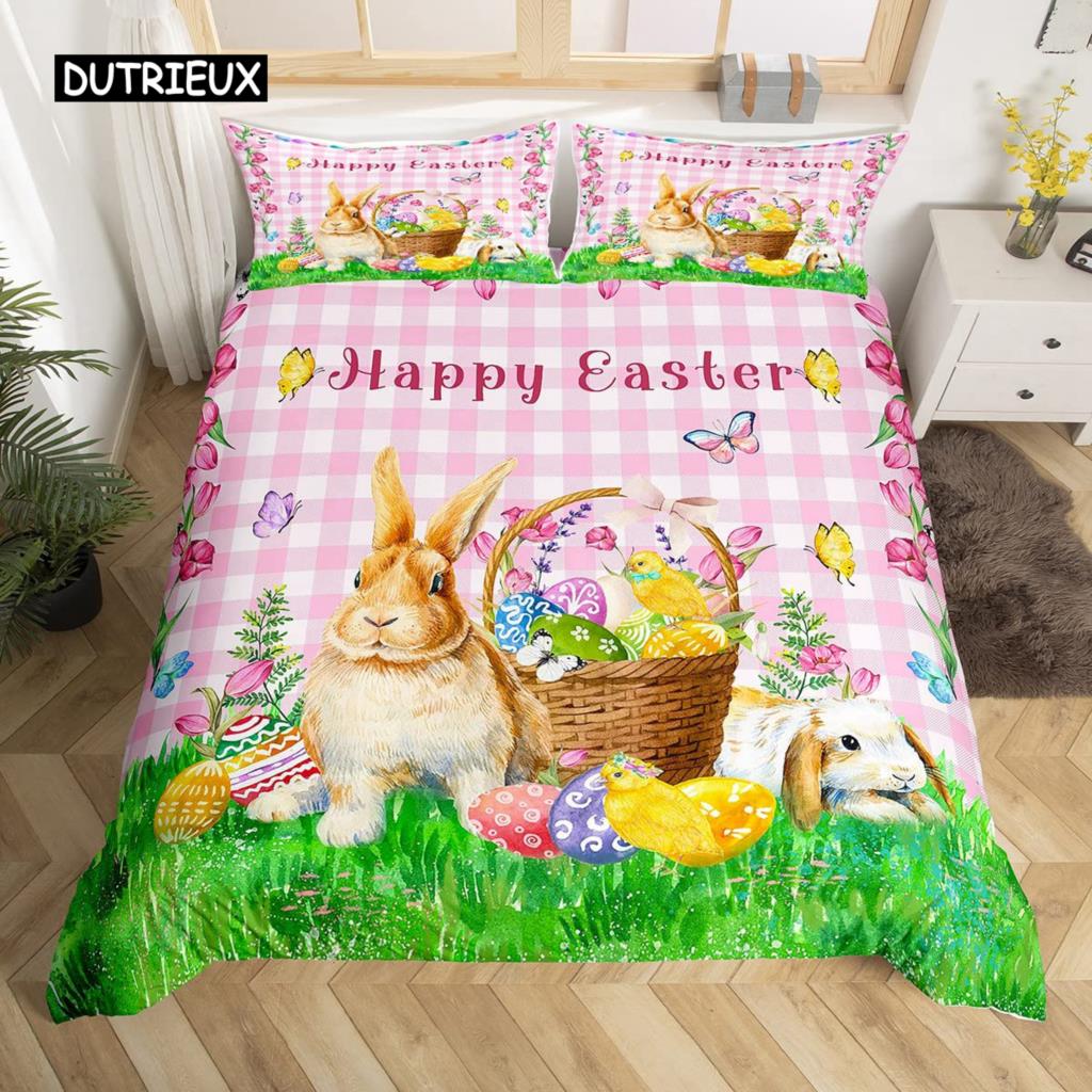 Poszewka na kołdrę z krasnalem i jajkami wielkanocnymi, zestaw pościeli z motylami i tulipanami, mikrofibra, tęcza, deska drewniana, kawaii, poszwa na kołdrę z krasnalem