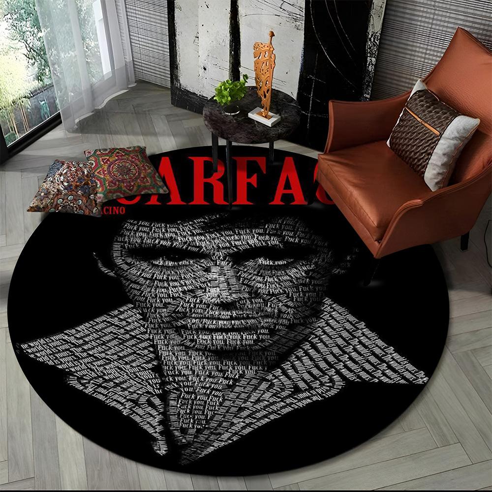 3D Tištěný Film Scarface Tony HD Kulatý Koberec pro Obývací Pokoj Ložnici Dětský Herní Koutek Dekorace, Koberec do Zvířecí Zóny Protiskluzová Podložka