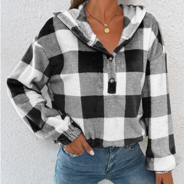 Autumn and Winter Women's Fashion Flannel Plaid Half Open Collar Nail Buckle Hooded Plush Sweater