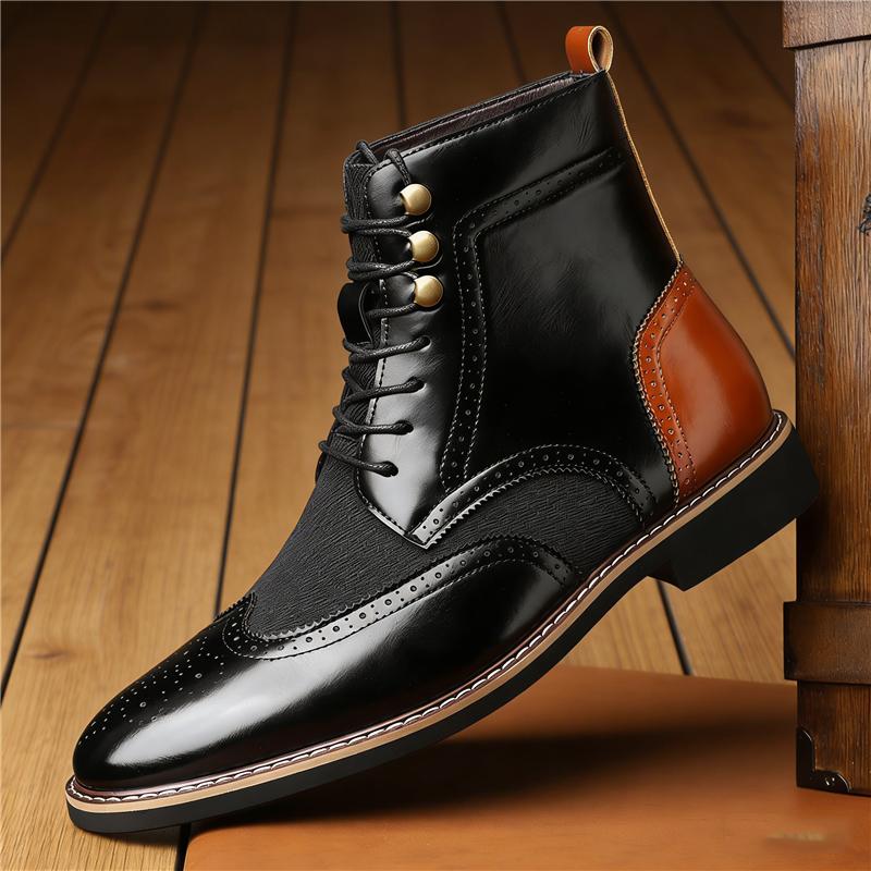 Luxury Designer New Men Pointed Mixed Leather Motorcycle Casual Oxford Ankle Boot Male Brand Winter High Tops Shoes