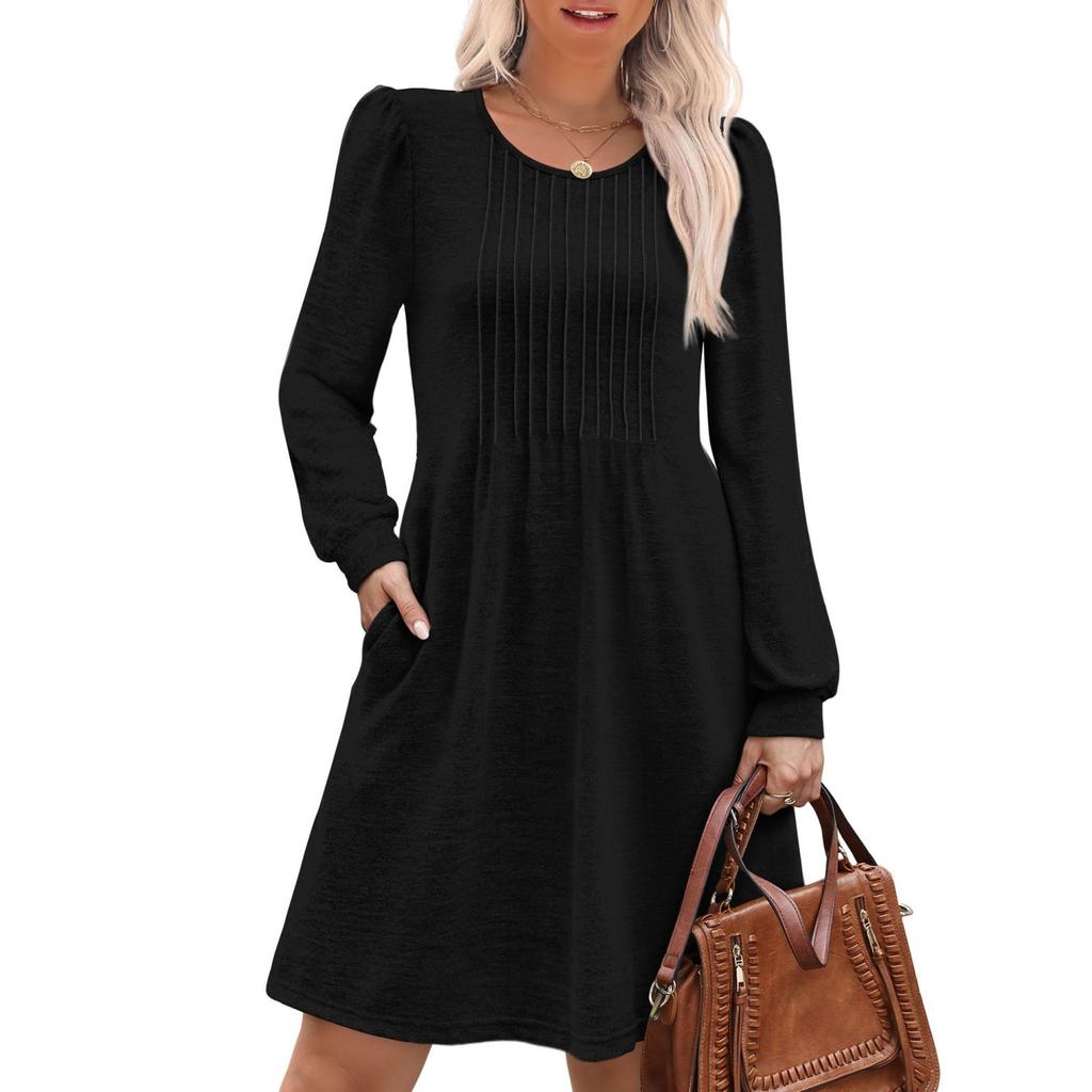 Women's Long Sleeve Pleated Round Neck Solid Color Casual Dress With Pockets