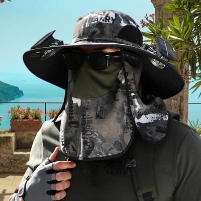 Solar Fan Fisherman Hat USB Charging Sunscreen Sun Hat with Dual Fans All Round Sun Outdoor Adventure Hat with Shawl
