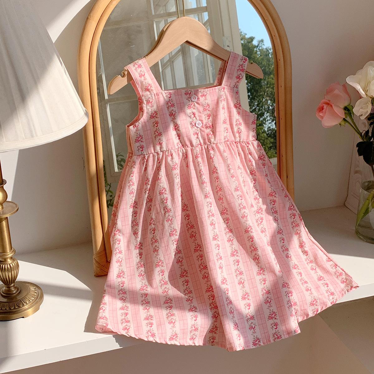 Girls Summer Floral Spaghetti Strap Dress Sleeveless Kids Vest Dress Sweet Princess Children Clothing 130cm розовый