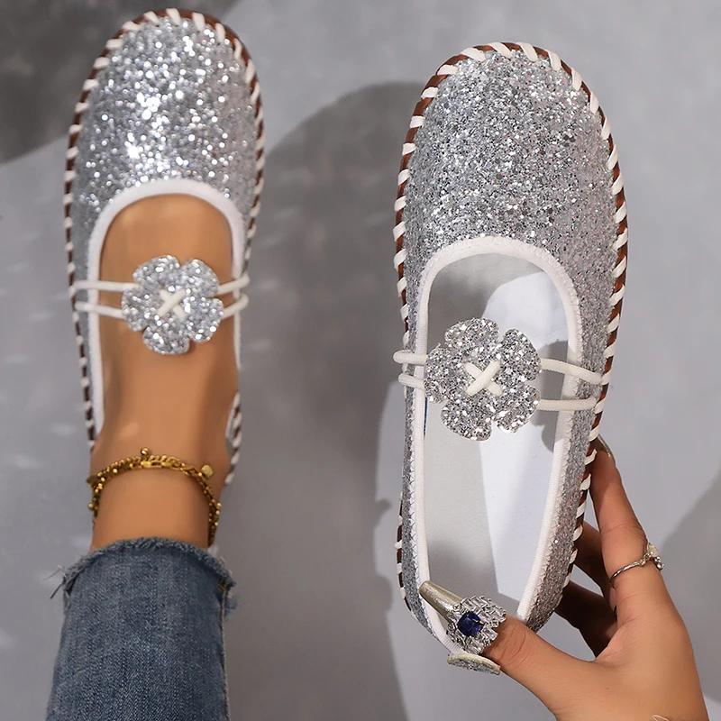 Fashion Women's Silver Shiny Sequin Decor Flats Summer Soft Sole Non Slip Casual Shoes Woman Plus Size Comfort Light Platform Loafers