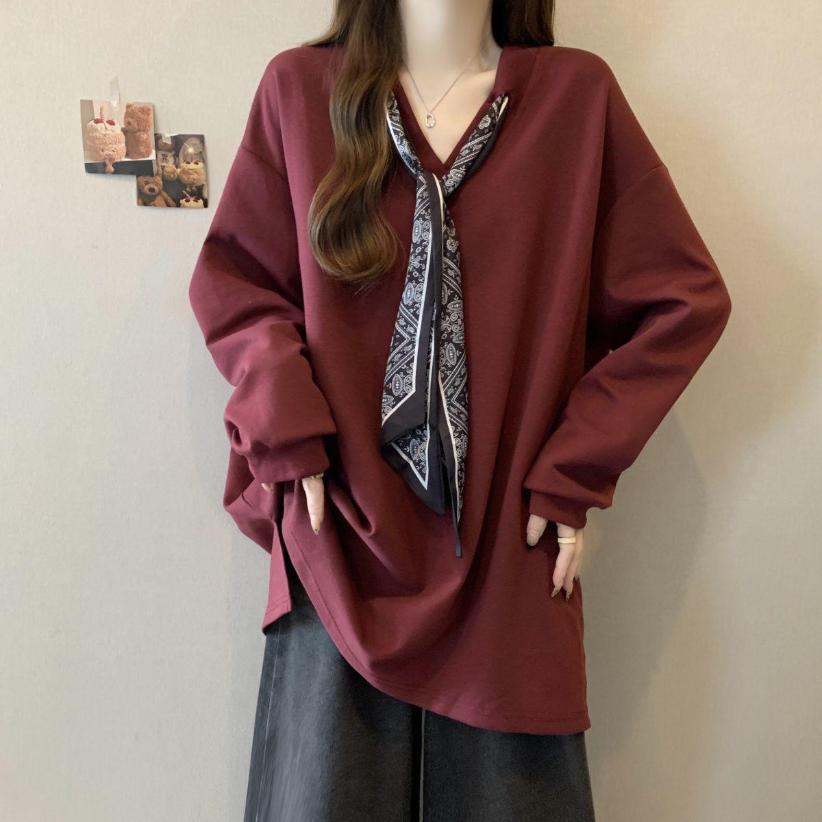 

Women s V-Neck Long-Sleeve Loose Fit Lace-Up T-Shirt, Plus Size, Spring/Autumn 2025 4XL вина червоного кольору