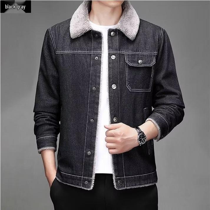 Black & Gray Men's Slim Lapel Denim Jacket with Velvet Lamb Plush, 2024 Korean-Style Winter Edition