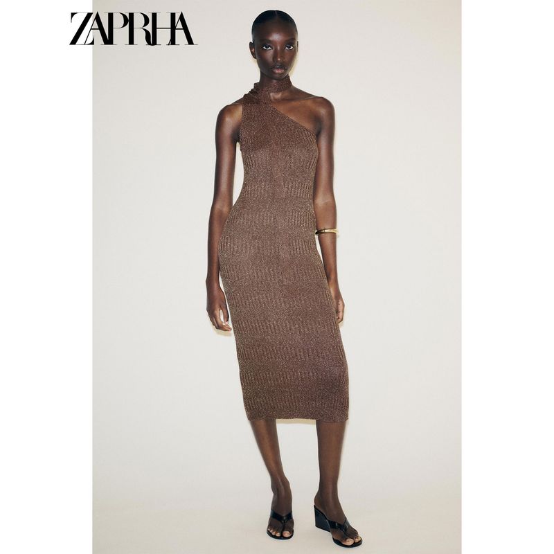 Zaprha 2025 Autumn New Maillard Style Sleeveless off-Shoulder Asymmetric Collar Midi Dress 5063802