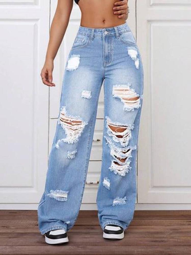 European and American Jeans Women's Clothing New Street Holes Loose High Waist Thin Straight Jeans Women