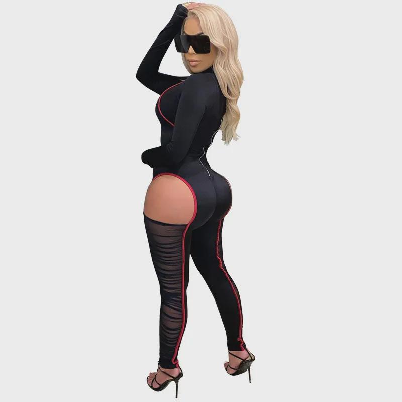 K9790 Sexy Contrast Color Mesh Splicing Jumpsuit for European and American Fashion