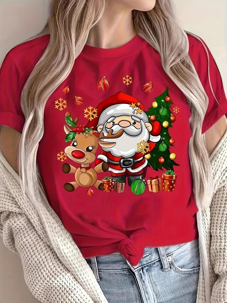 Tricou cu gât rotund cu imprimeu Moș Crăciun și reni de Crăciun Harajuku cu mânecă tricou de damă îmbrăcăminte topuri de stradă tricouri haine estetice