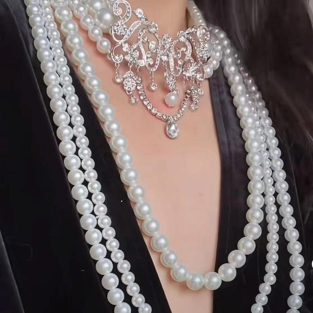 Multi Layer Simulated Pearls Necklace Adjustable Length Clavicle Chain Layering Neckchain Handmade Jewelry For Women