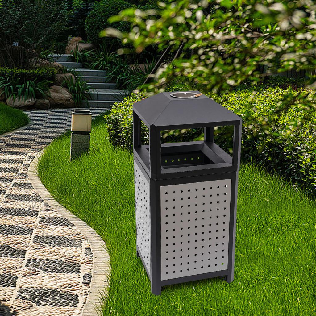 15 Gallon Grey Commercial Trash Can with Ashtray, 56L Large Capacity Outdoor Garbage Bin, 16x33 Inch Industrial Waste Container