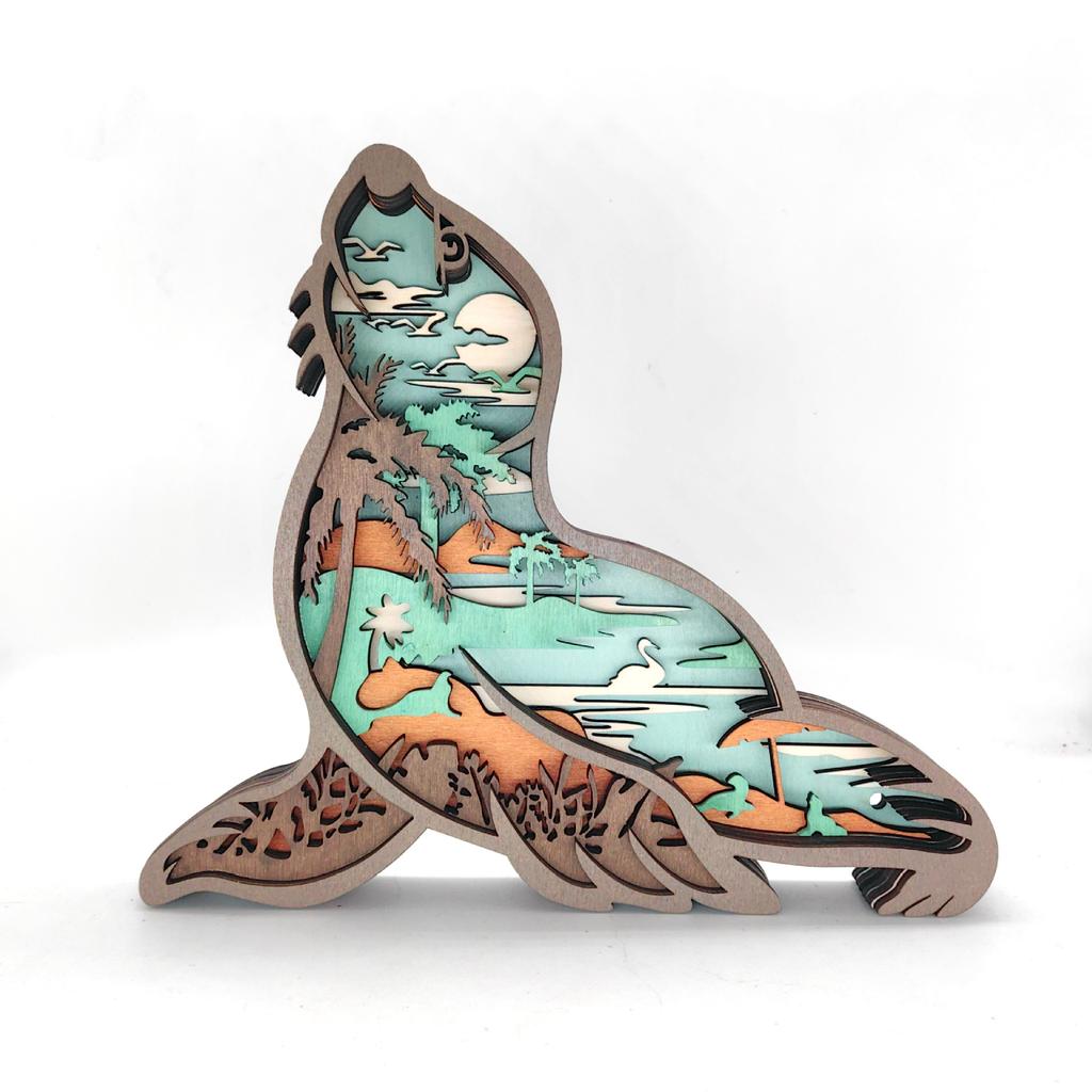 2025 New Nordic Style Creative Wooden Carving Ocean Forest Animals with Lighting Wood Crafts Ornaments Home Accessories