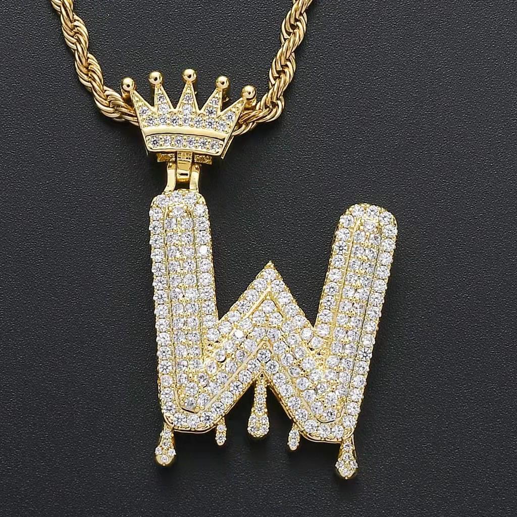 Stylish Hip Hop Zircon Crown Pendant Necklace with 26 English Letters for Women