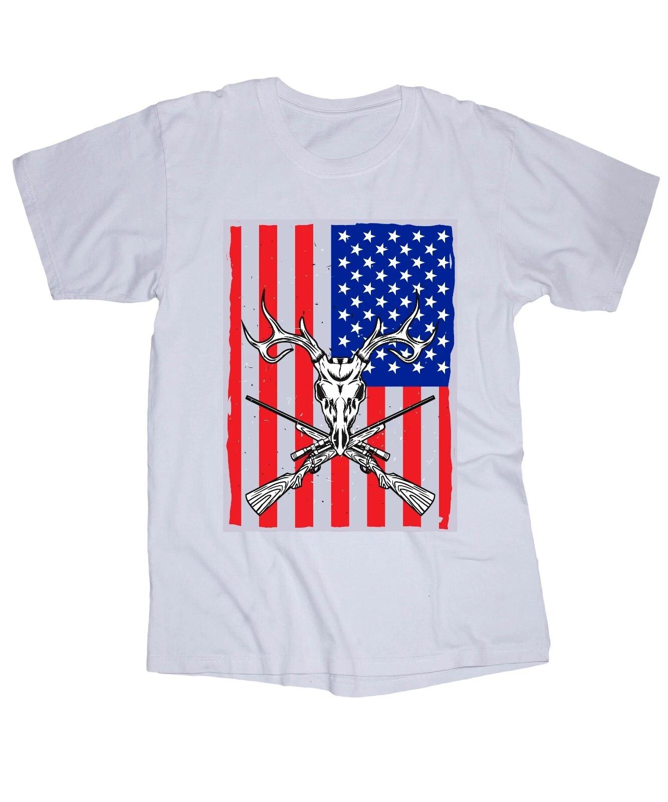 American Flag Hunting Deer Buck Elk white T-shirt L