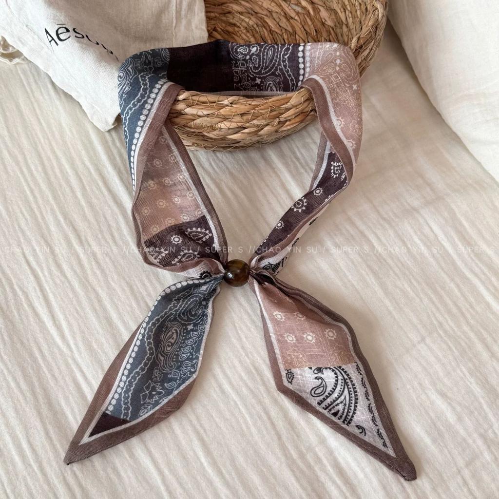 Cashew Nut Flower Silk Scarf Necklace for Women - Vintage Long-style Silk Headscarf with A Bow - Necktie - High-end Style