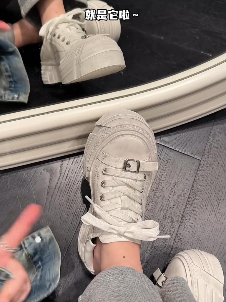 Old Lace-up Thick-soled Heightening Muffin Shoes Women's Leather Casual Korean Version Polished White Shoes Versatile Board Shoes Dirty Shoes