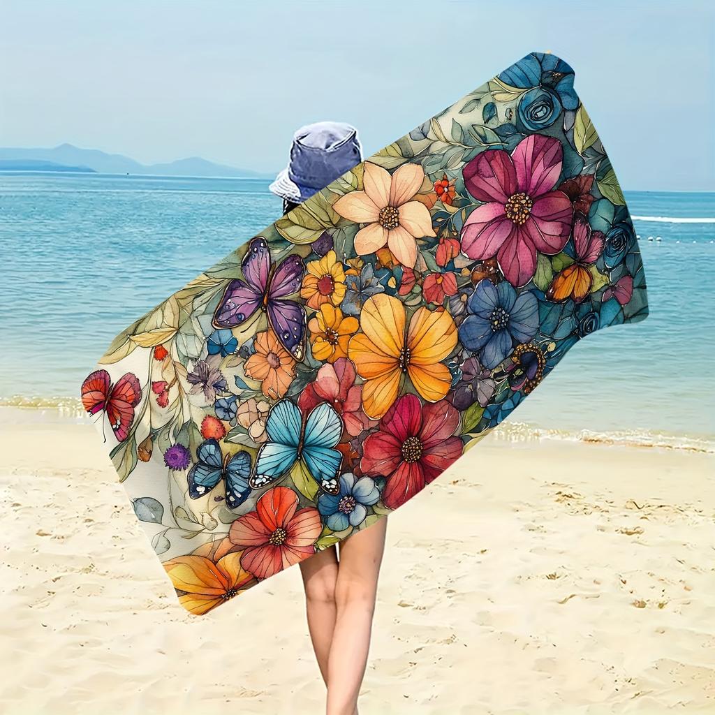 Watercolor Flower Butterfly Beach Towel Single Sided 2D Print Quick Dry Microfiber Towel for Beach Pool Bath Boho Aesthetic Vibe