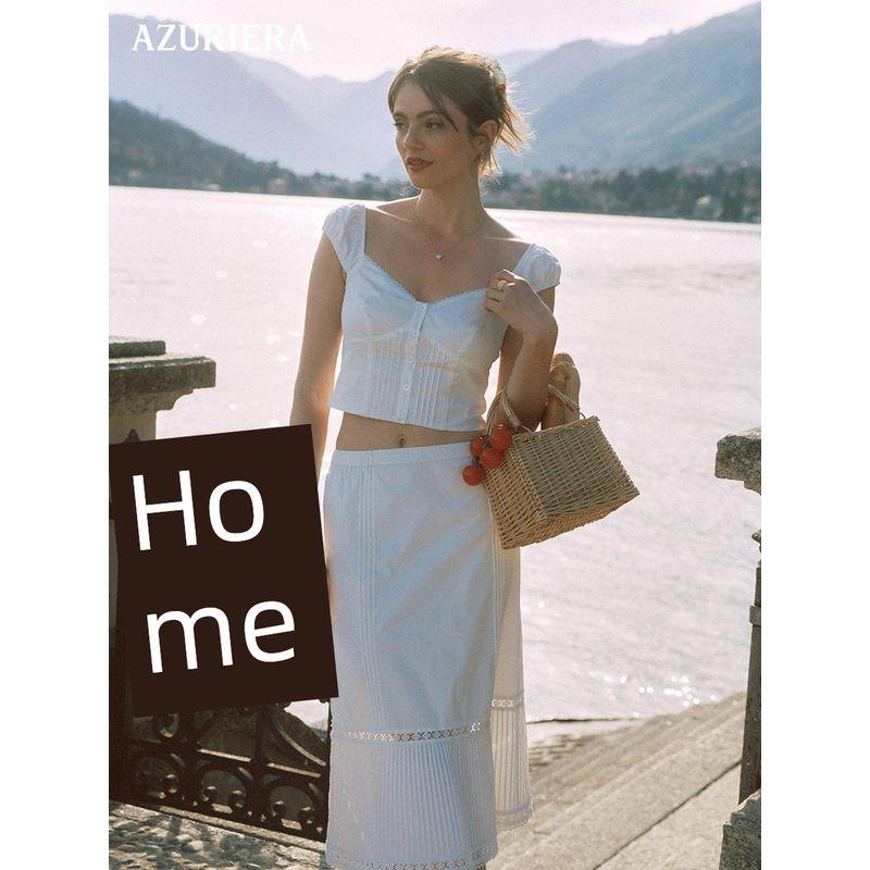 

Azuriera French style White Skirt Suit Puff sleeve Top Lace Skirt Waist Hugging Slimming Exquisite Elegant New White Tops XS
