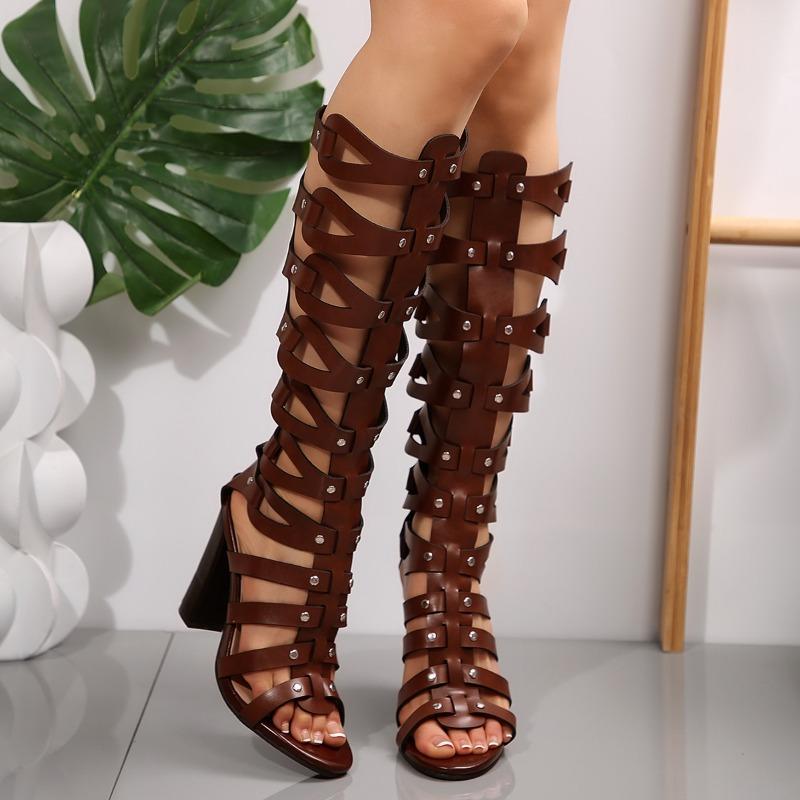 Women's High Tube Sandals Hollow Round Toe Open Toe Rough Heel Rivet Roman Women Boots Sexy Personality Retro Style Women Shoes