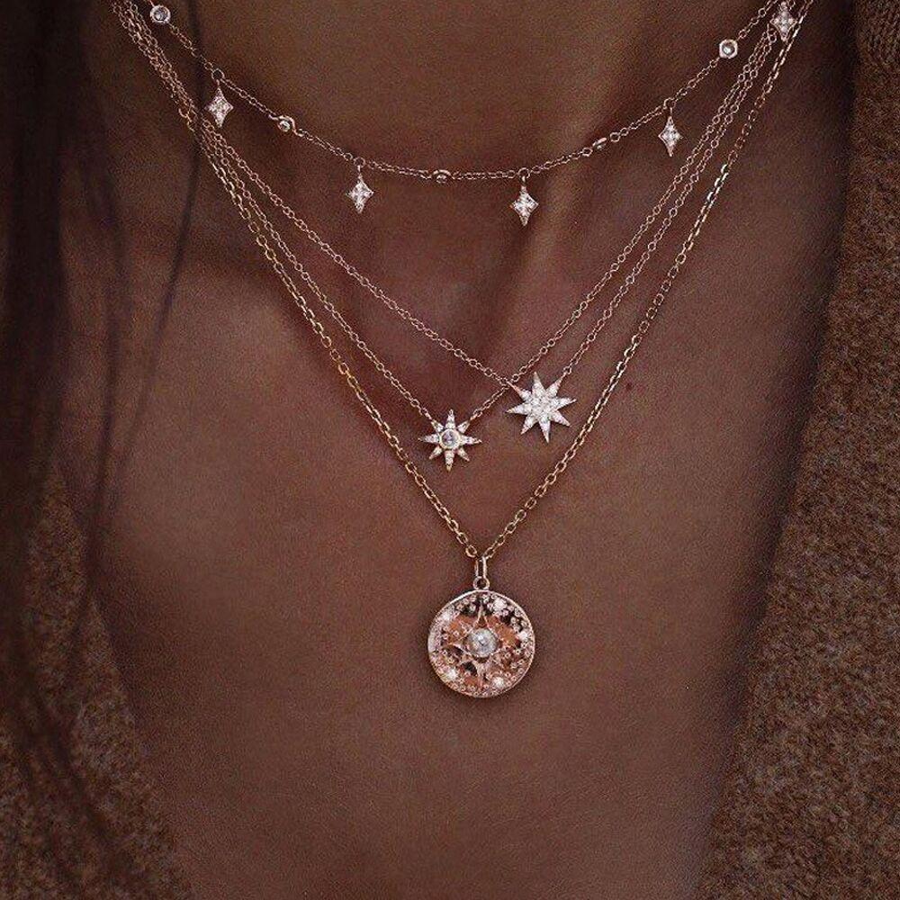 Bohemian fashion European and American trends Full of diamonds Star inlaid pearls Multi-layer necklace Collarbone chain Women