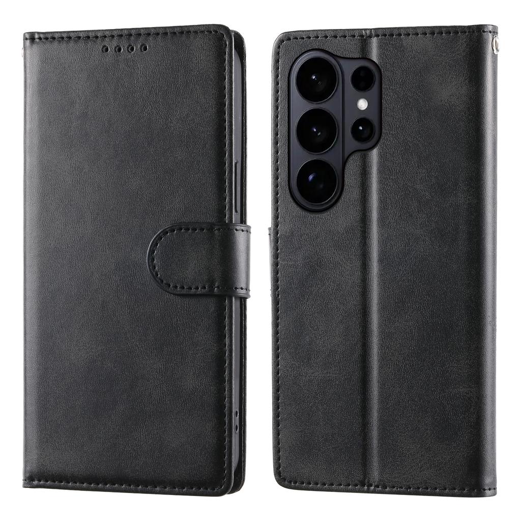 For Samsung Galaxy S26 Ultra Case Stand Wallet Calf Texture PU Leather Flip Phone Cover with Wrist Strap