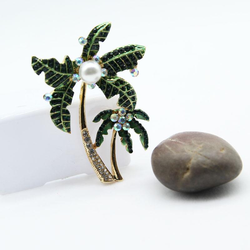 Fashion Green Rhinestone Coconut Tree Brooches For Women Clothing Coat Banquet Party Accessories Gifts