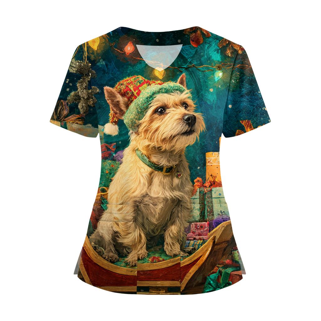 Damski T-shirt z krótkim rękawem z nadrukiem świątecznym, dekoltem w serek, zapinany na guziki z rozcięciem z boku