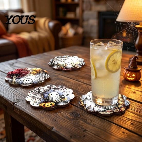 Halloween Wooden Coasters 4Pcs Coasters, Spooky Ghost Skull Design Drink 2D Heat-Resistant Practical Holiday Housewarming Gifts Round Mats for Coffee