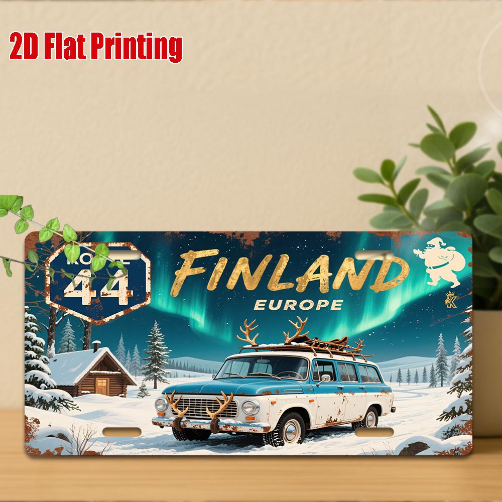 D Flat Design a Vintage Route  Finnish Metal License Plate  a Heavy Metal Sign Featuring The Finnish Flag Northern Lights