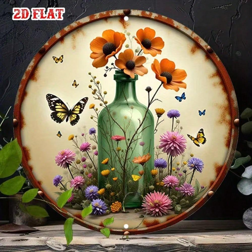 Metal Wall Art Vintage 2D Iris Flower Butterfly Round Plate 20cm for Garden