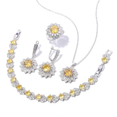 Round Zircon Necklace Earrings Ring Bracelet Jewelry Set, Copper Inlaid Zircon Platinum Plated Jewelry, Multicolor