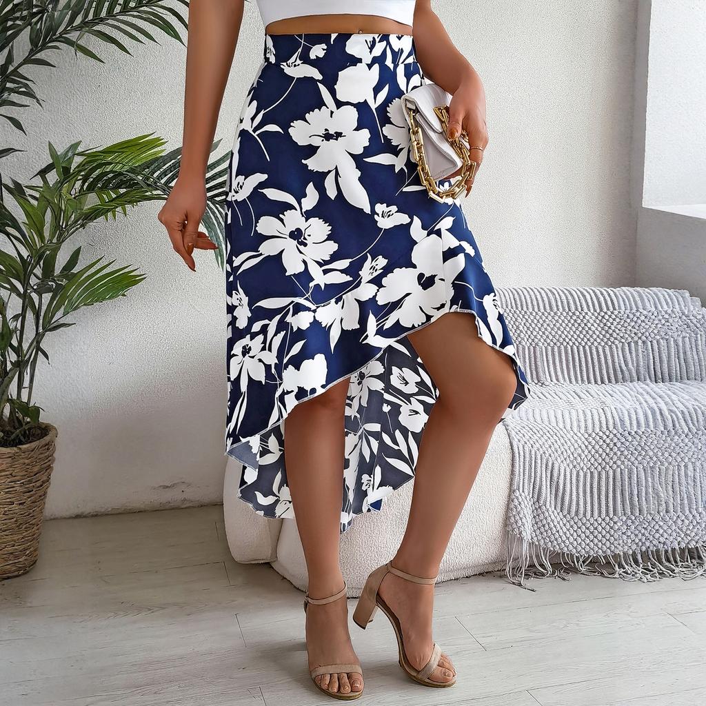 Women's Fashionable Floral Print Elastic Waist Ruffle Edge Mid Length Irregular Skirt