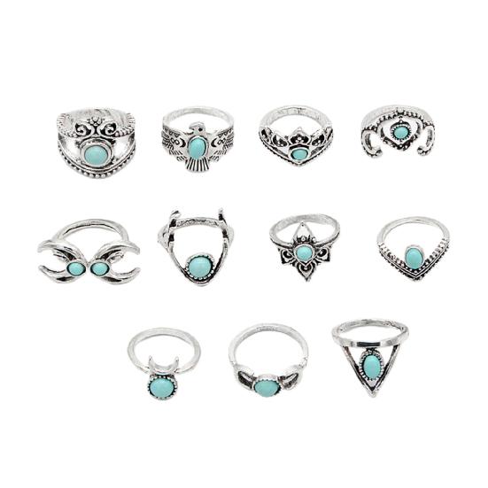 11 Stück Hohle Feder Stapelbare Knöchelringe Ethnischer Stil Blume Faux Edelstein Fingerringe Schmuckzubehör