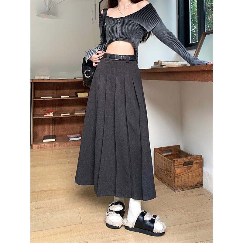 Vintage College Woolen Pleated Skirt Women's Autumn and Winter High Waist Skirt Versatile Umbrella Skirt Medium and Long Skirt