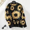 Vintage Print Rundhals Strickwaren Strickjacke Locker Langarm Pullover Herbst Winter Oberteil
