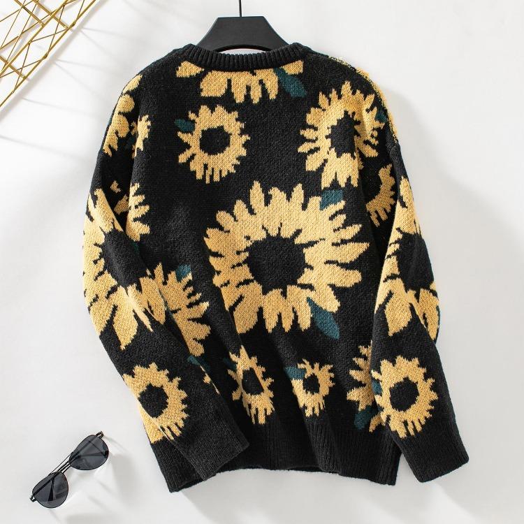 Vintage Print O Neck Knitwear Cardigan Loose Long Sleeve Sweater Autumn Winter Top
