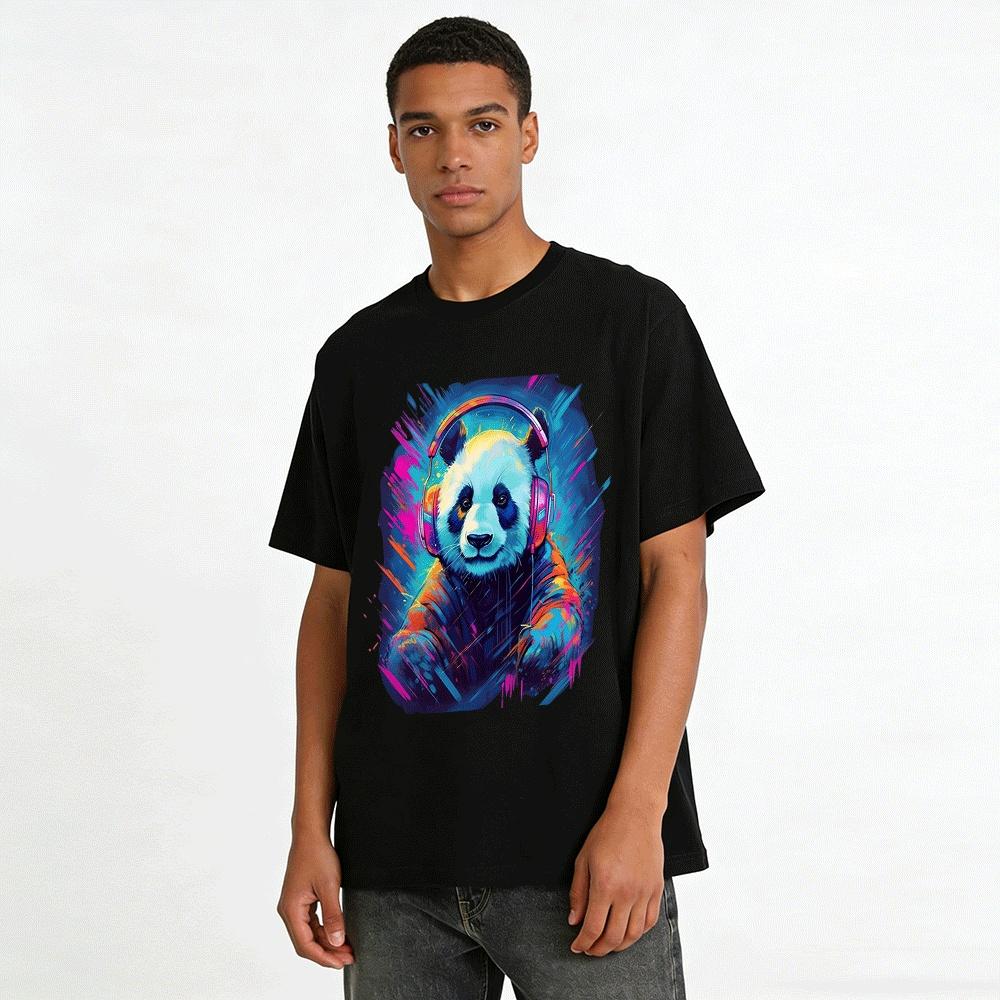 Cool Panda Headphone Graphic Casual Unisex Printed Top Pure cotton T-shirt