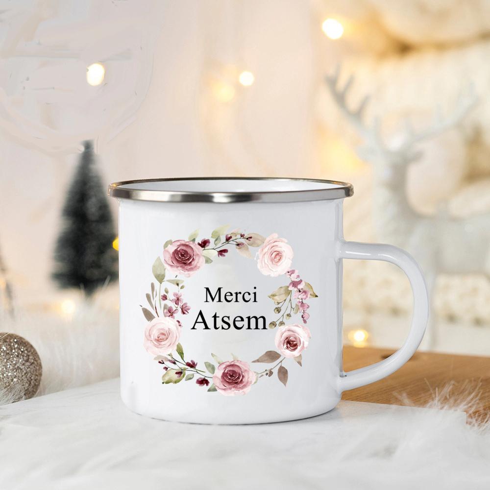 Merci Atsem In France Enamel Mugs Teacher's Day Drink Juice Coffee Dessert Cocoa Milk Handle Mug Festive Birthday Gifts