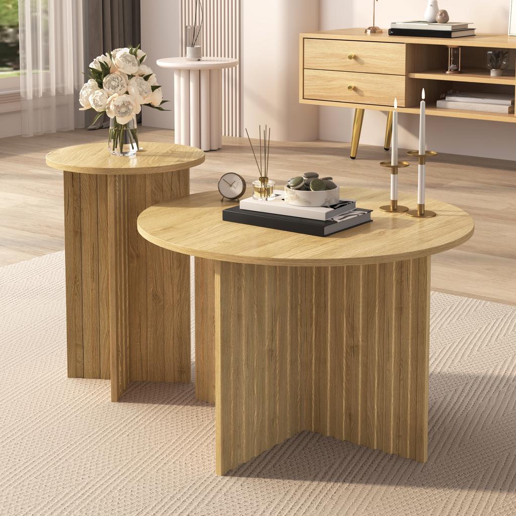 Modern 2-Piece Wood Nesting Table Set – Round Couch Tables & Coffee Tables in Scandinavian Design, Space-Saving, Sturdy MDF/PB Construction