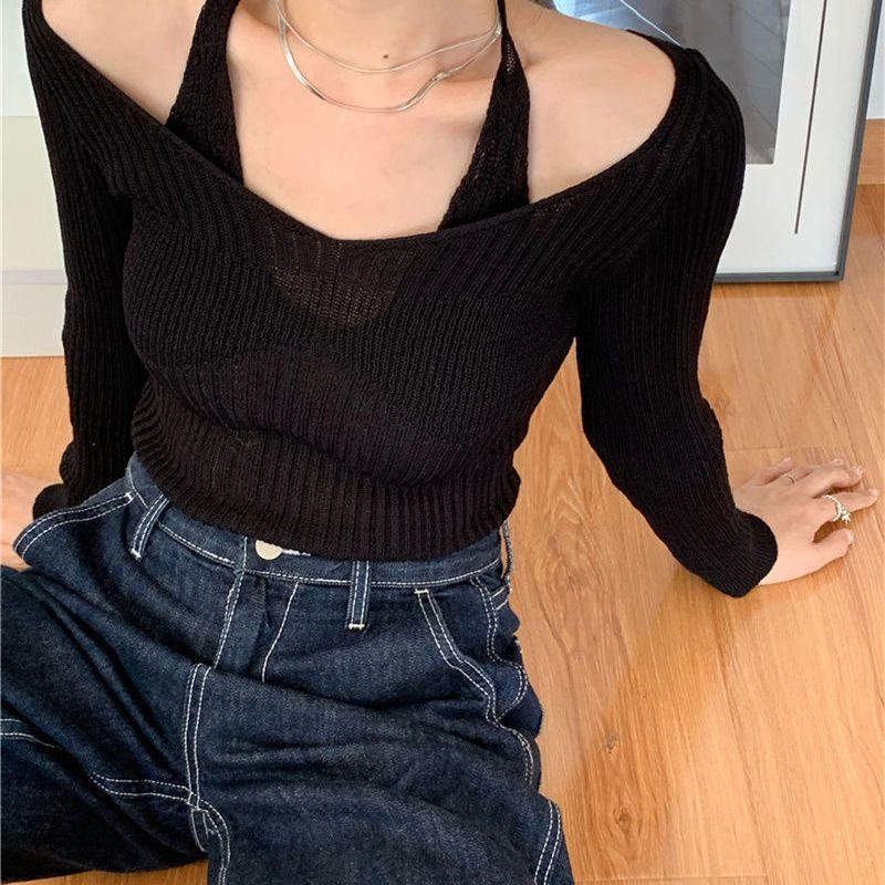 Spring Long Sleeve Slim V Neck Fake Two Piece Knit Top Women Sexy Base Layer Thin Sweater