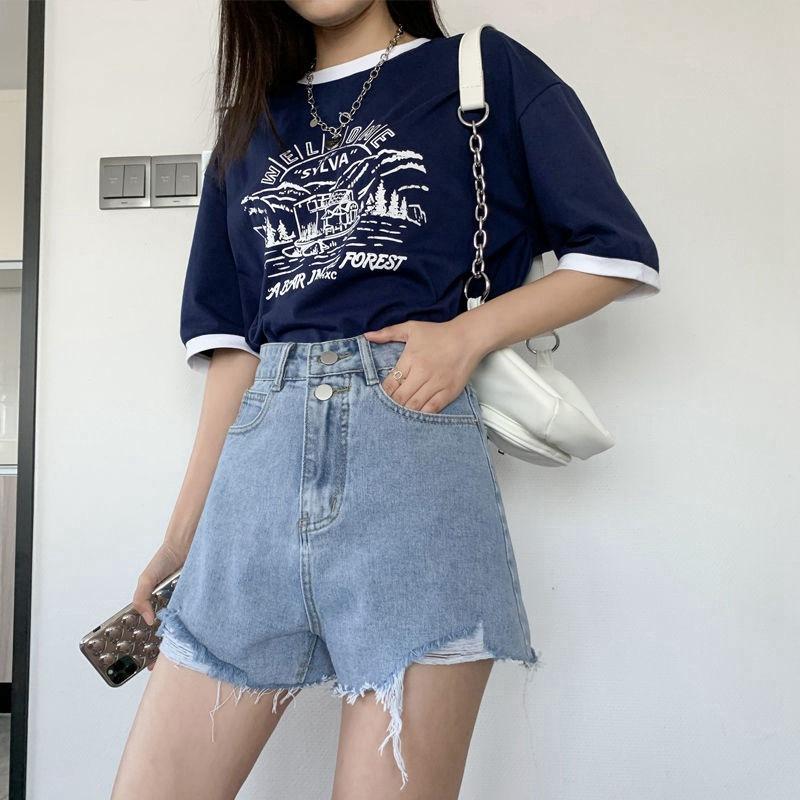 Classic and Minimalist Fashion Versatile Summer Hole Women High Waist Thin A Word Loose Outside Wearing Wide Leg Thin Denim Shorts Individuality