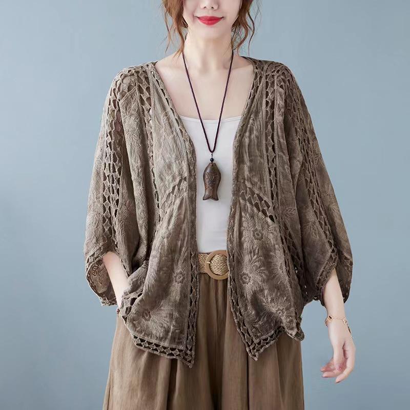 Korean-Style Women's Hollow Lace Batwing Sleeve Cotton Cardigan - Summer Retro Long Sleeve Top