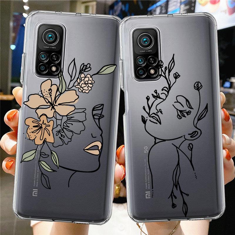 Transparente Hülle für Xiaomi Mi Poco X3 NFC M3 Pro F3 F1 11 Lite 12 Redmi Note 10 9S 8 7 9 Weiche Handyhülle Liebeslinie Blume