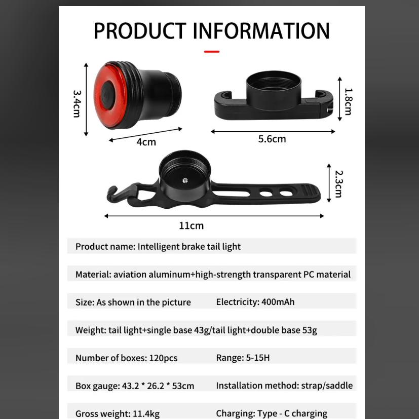 Smart Brake Bicycle Tail Light Type-C Rechargeable MTB Rear Light Waterproof IPx6 Charging LED Cycling Light Bike Warning Light