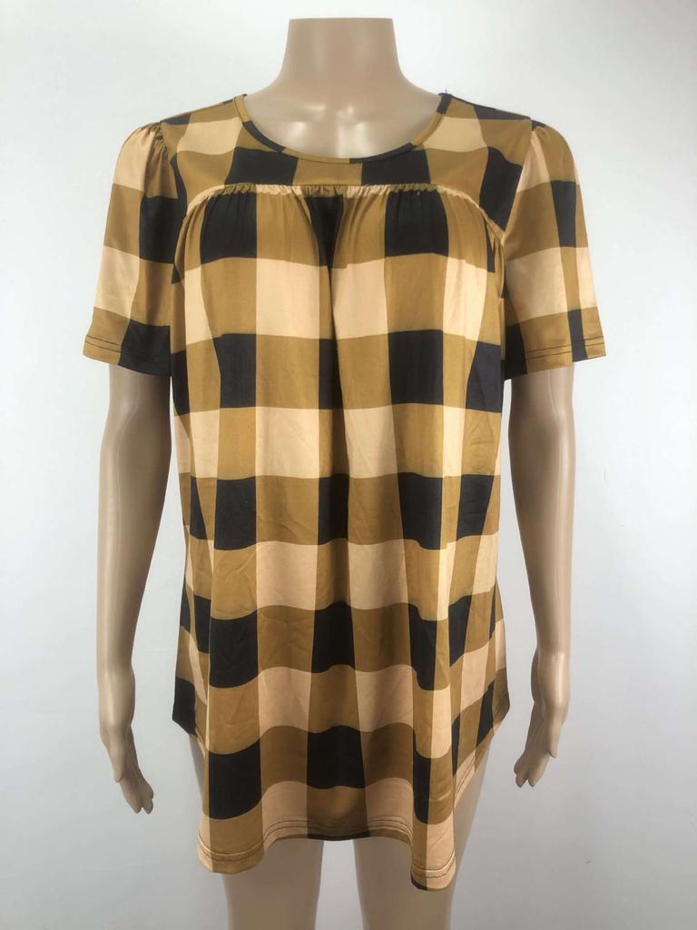 Plus Size Women's Summer Plaid Print T-Shirt Round Neck Loose Milk Silk Short Sleeve Casual Flowy Swing Blouse Top