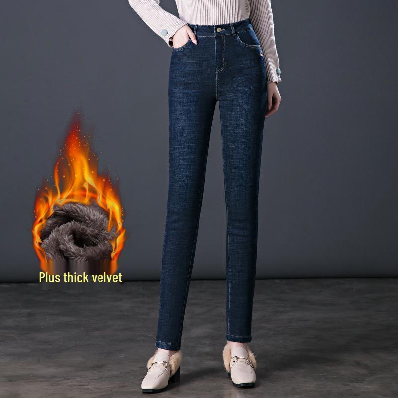 

Winter Plus Velvet High-Waist Denim Jeans for Moms - Thick, Warm, Large Size Cotton Pants M синий