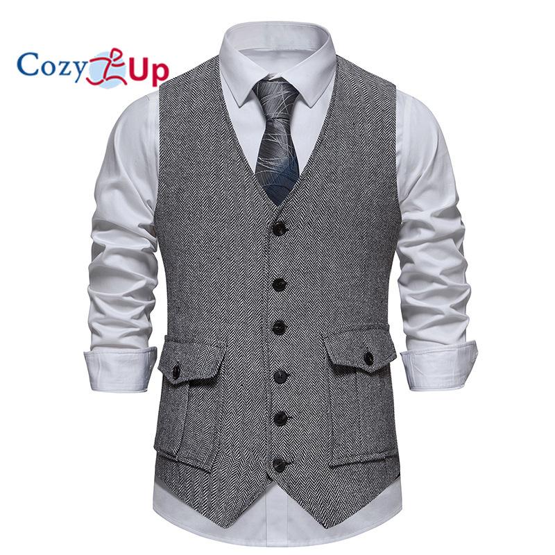 Уютный мужской костюм в западном стиле с рисунком «елочка», твидовый полушерстяной жилет, приталенный жилет S серый